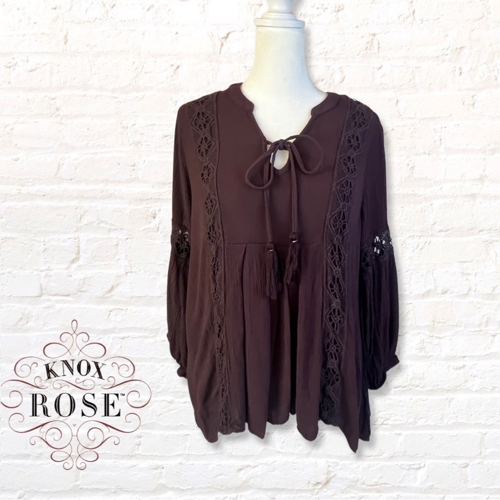 KNOX Rose Crochet Lace Tassel Tie Long Sleeve Peasant Top Size XS Plum Bohomian